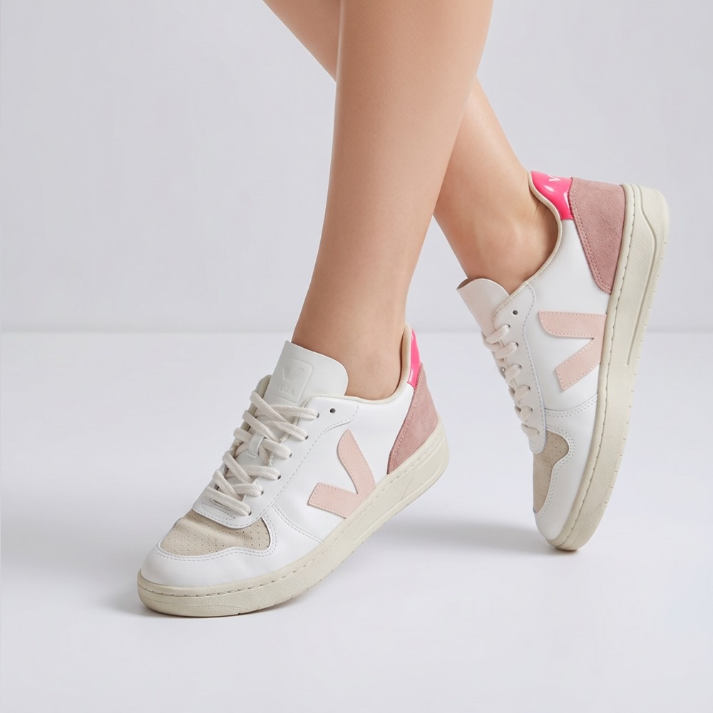 Veja V-10 Leather Suede Sneakers White Pink Burgundy Womens Size 6 US 37 EUR‎